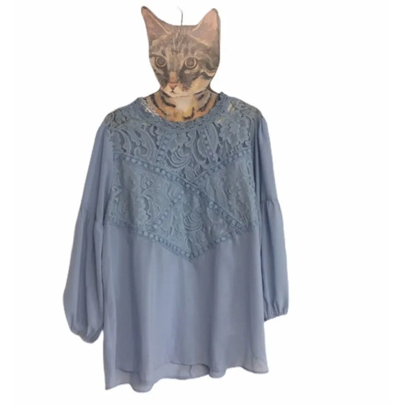 Andree by Unit Lace Front Semi Sheer Top Blue 1X - Picture 5 of 5